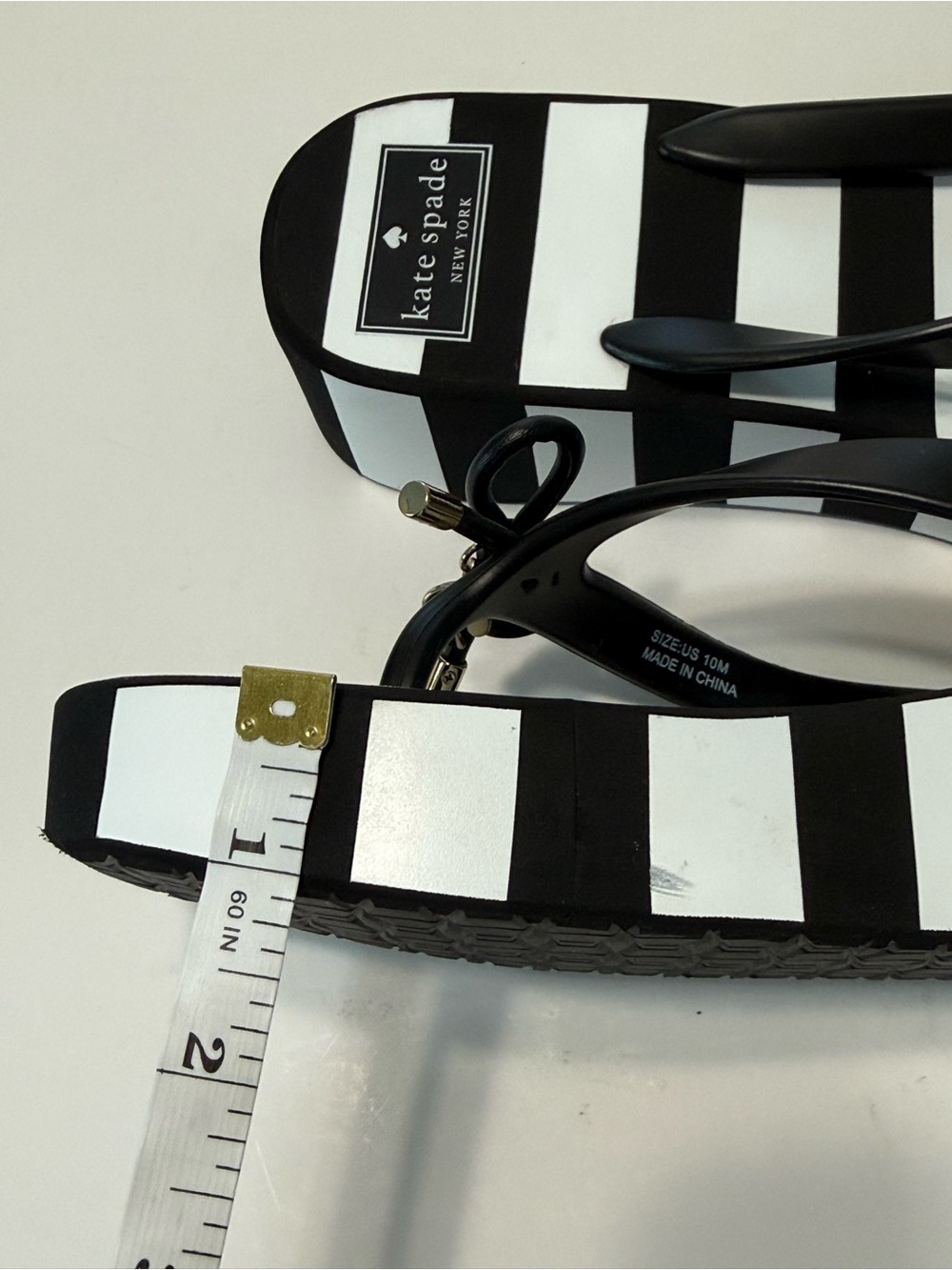 kate spade Rhett Black White Stripes Wedge Platform Thong Sandals Bow Size 10 - Picture 14 of 15